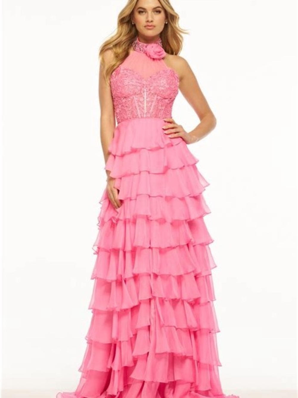 Sherri Hill Pink Halter Lace Bodice Ruffle Gown